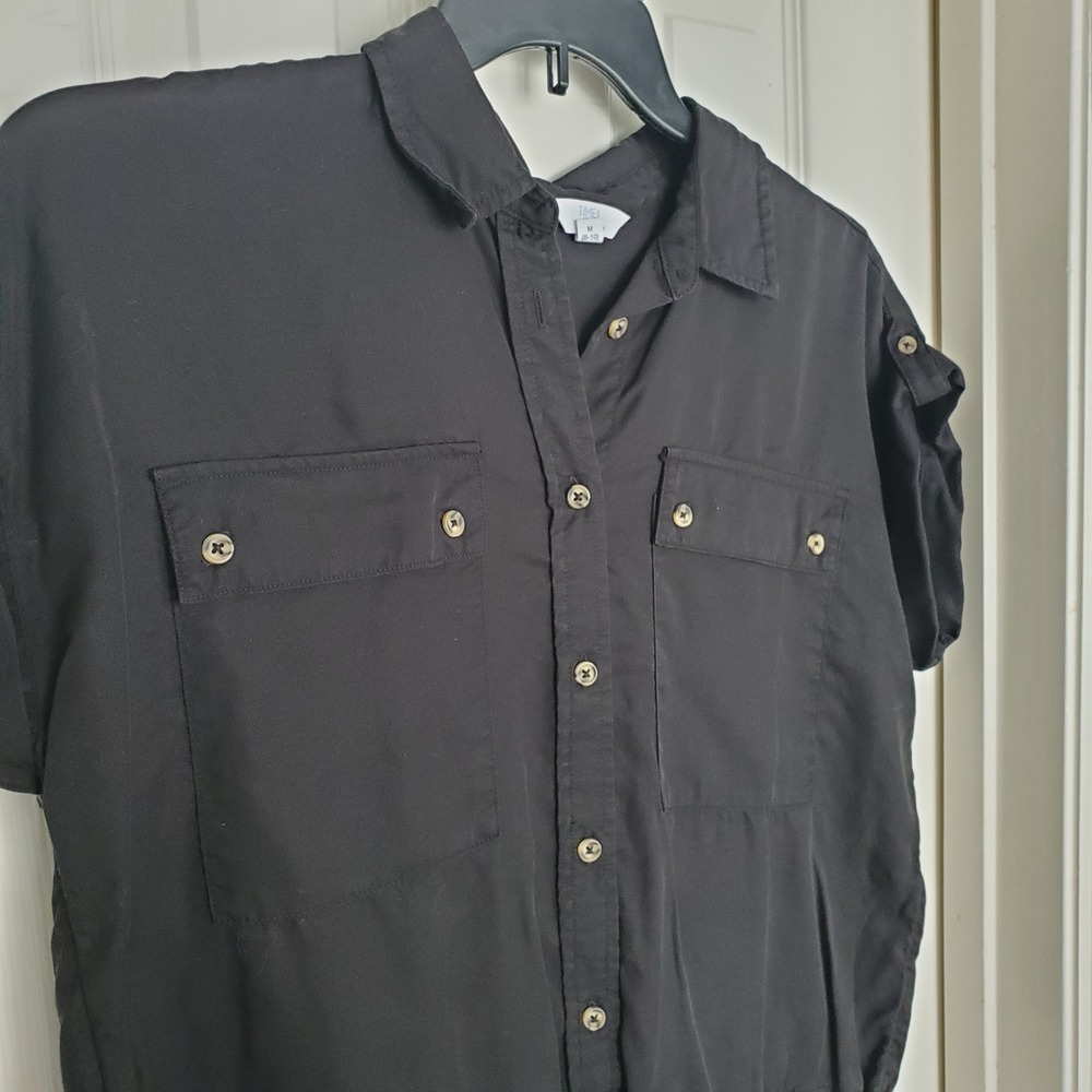 Time and‎ Tru Button Up Shirt Black Utility Safari Drawstring Hem Top Medium
